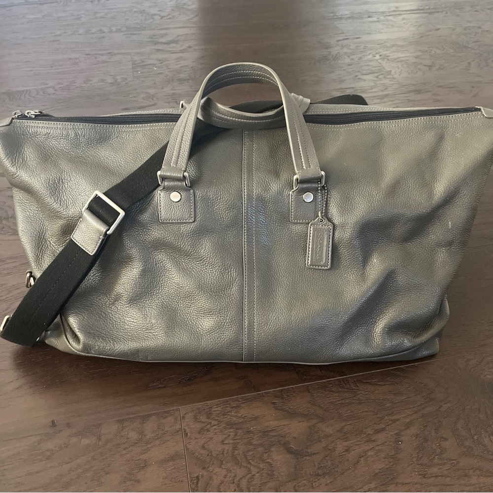 Coach Gray Leather Duffel Bag with Black Strap
